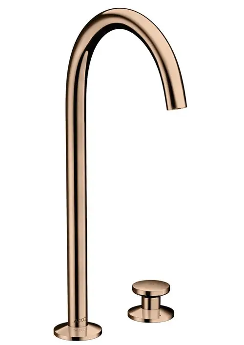 Hochgefügter Waschtischmischer in Polished Red Gold mit separatem Push-Open Ablauf, gestaltet von AXOR. Eignet sich für moderne Badezimmeranwendungen.